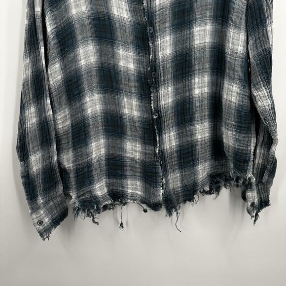 mnml Shirt Womens Large Blue Gray Plaid Frayed Gauze Distressed Button Up Top - Picture 3 of 10